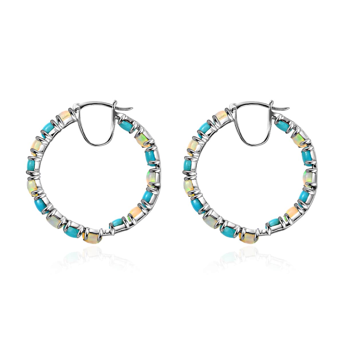 Premium Ethiopian Welo Opal and Sleeping Beauty Turquoise Inside-Out Hoop Earrings in Platinum Over Sterling Silver 6.35 ctw image number 3