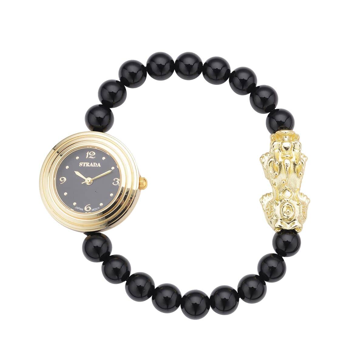 STRADA Japanese Movement Black Agate Beaded Stretch Bracelet Watch with Feng Shui Pi-xiu Charm (7.0-7.5In) (28.20mm) 85.00 ctw image number 0