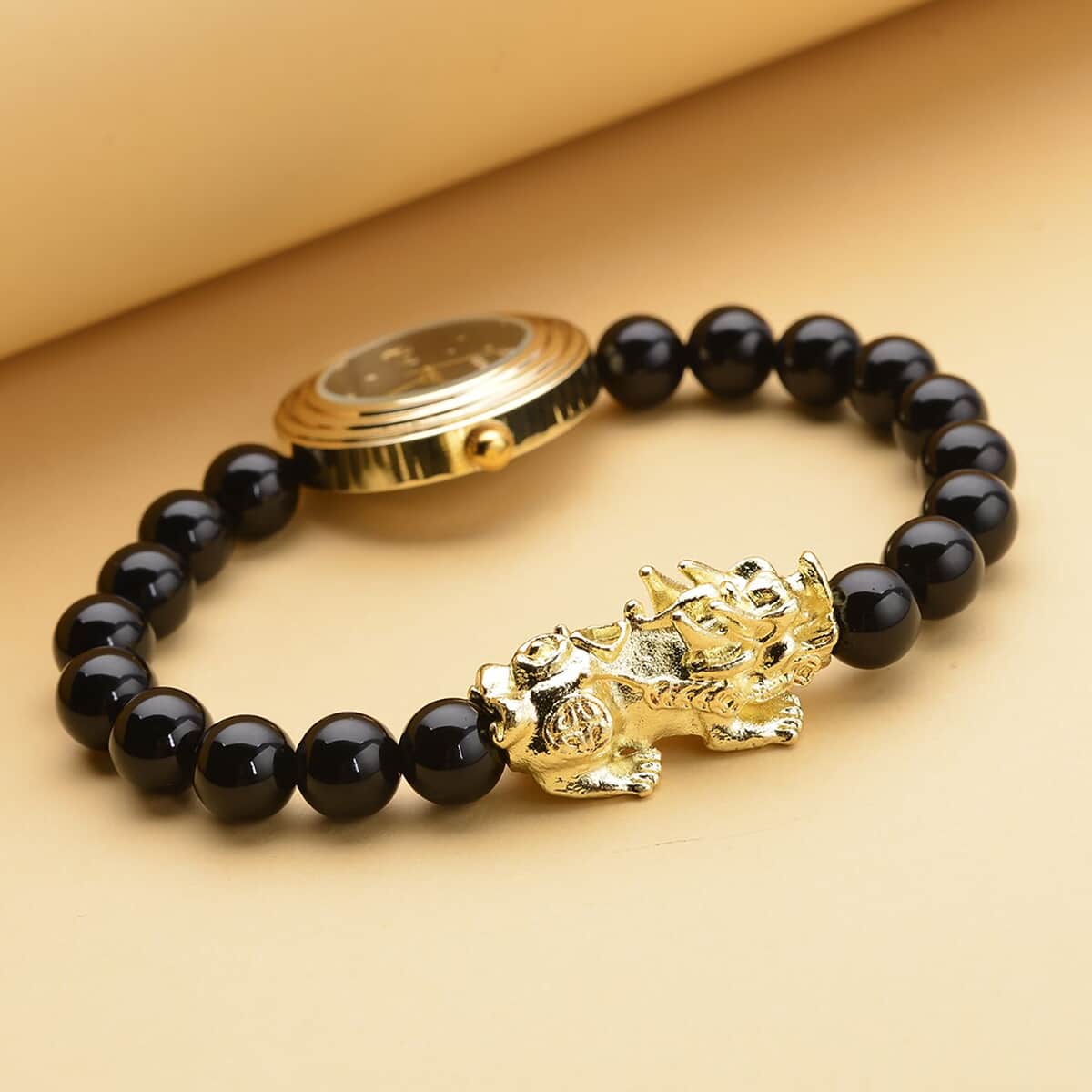 STRADA Japanese Movement Black Agate Beaded Stretch Bracelet Watch with Feng Shui Pi-xiu Charm (7.0-7.5In) (28.20mm) 85.00 ctw image number 1