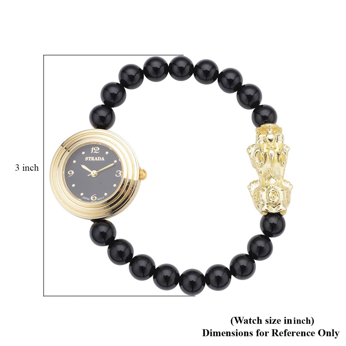 STRADA Japanese Movement Black Agate Beaded Stretch Bracelet Watch with Feng Shui Pi-xiu Charm (7.0-7.5In) (28.20mm) 85.00 ctw image number 6