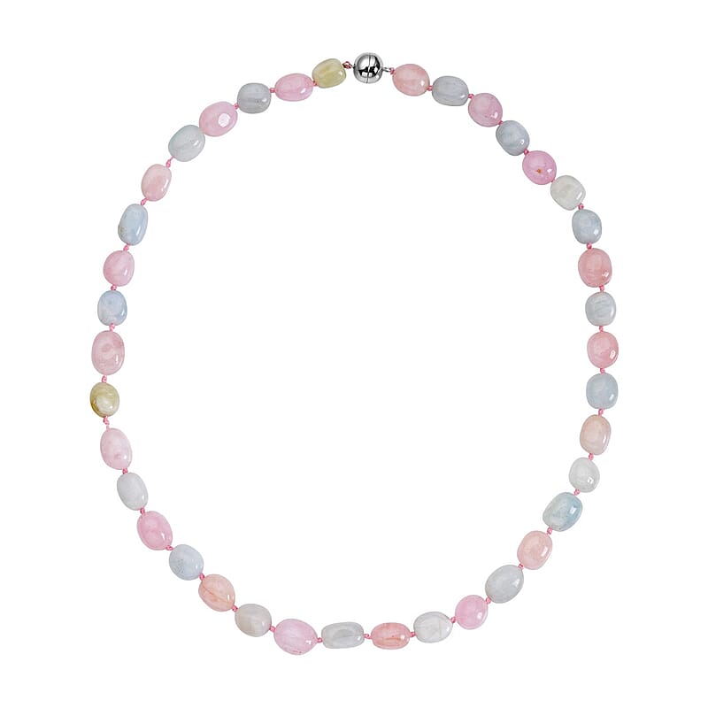 Mangoro Aquamarine 322.50 ctw, Marropino Morganite, Heliodor Beaded Necklace 20 Inches in Rhodium Over Sterling Silver