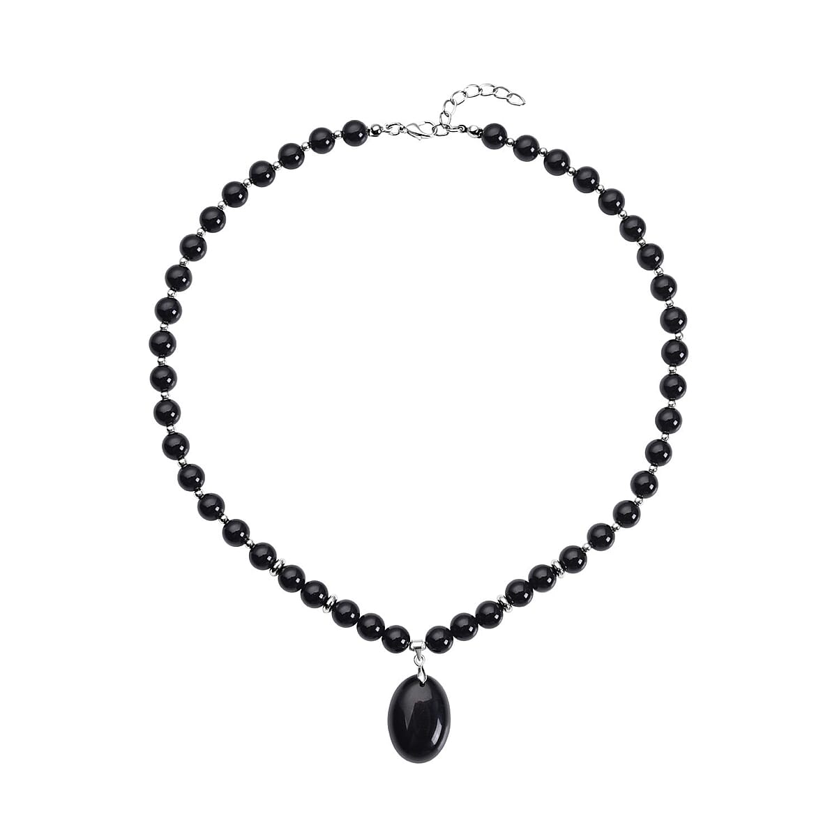 Enhanced Black Agate (D) 180.50 ctw Beaded Necklace 18-20 Inches with Elongated Matching Pendant in Silvertone image number 0