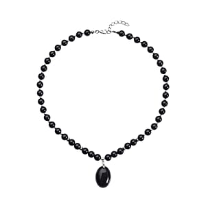 Enhanced Black Agate (D) 180.50 ctw Beaded Necklace 18-20 Inches with Elongated Matching Pendant in Silvertone