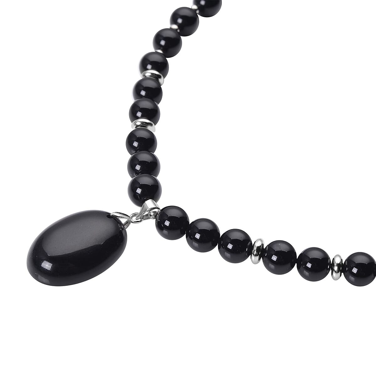 Enhanced Black Agate (D) 180.50 ctw Beaded Necklace 18-20 Inches with Elongated Matching Pendant in Silvertone image number 2