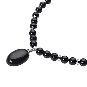 Enhanced Black Agate (D) 180.50 ctw Beaded Necklace 18-20 Inches with Elongated Matching Pendant in Silvertone
