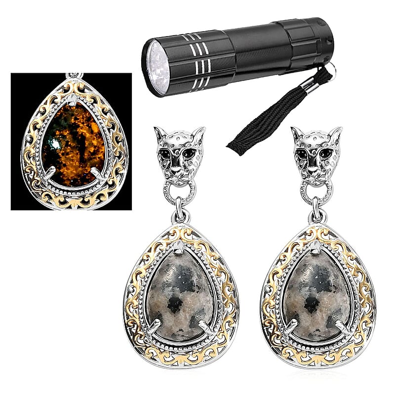 Natural Yooperlite and Thai Black Spinel Drop Earrings in 14K Yellow Gold and Platinum Over Copper with Magnet 11.15 ctw with Free UV Torch