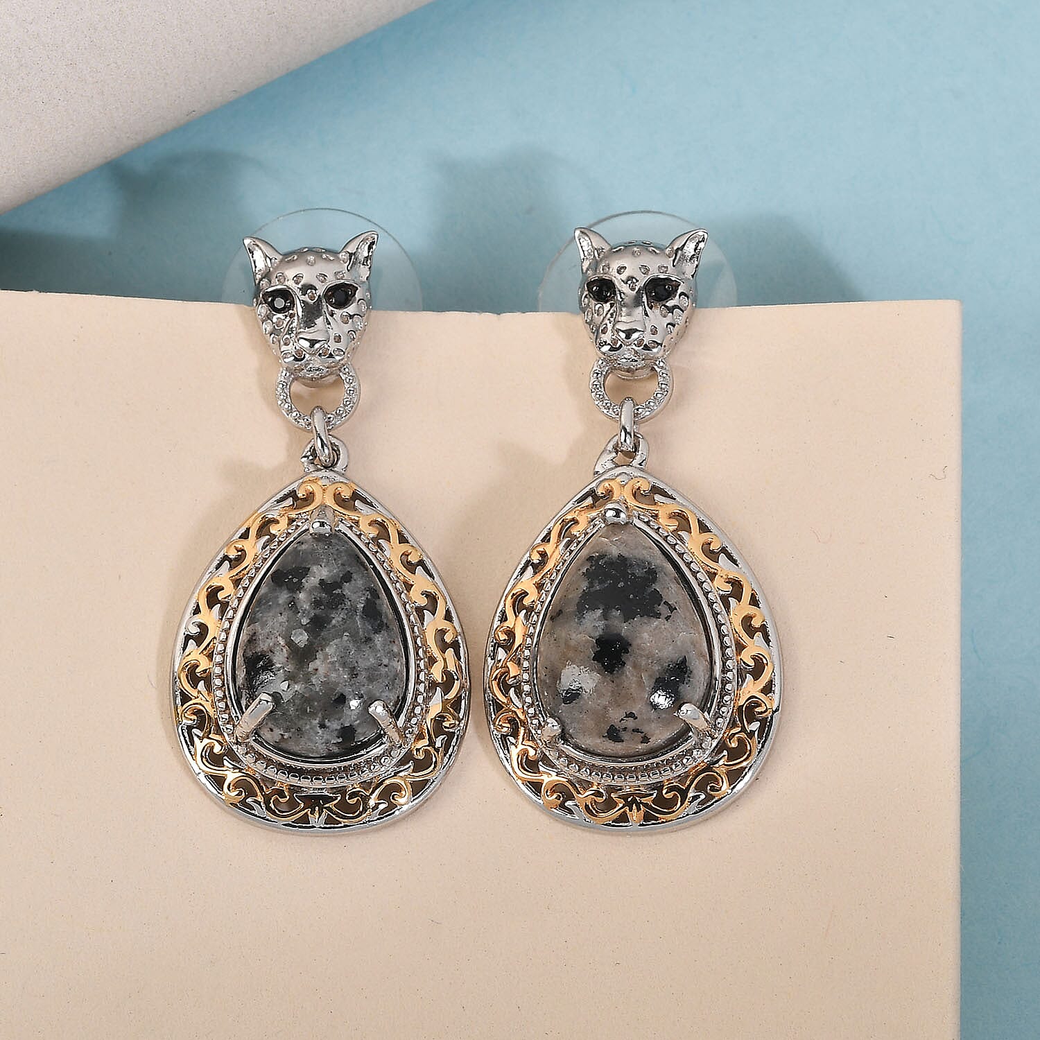 Natural Yooperlite and Thai Black Spinel Drop Earrings in 14K Yellow Gold and Platinum Over Copper with Magnet 11.15 ctw with Free UV Torch