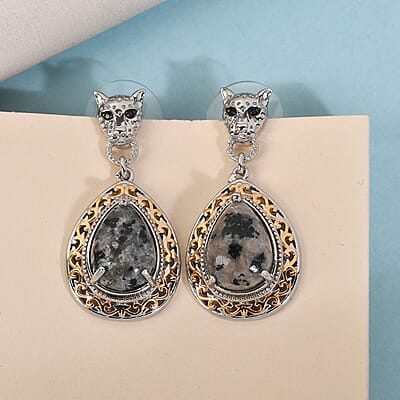 Natural Yooperlite and Thai Black Spinel Drop Earrings in 14K Yellow Gold and Platinum Over Copper with Magnet 11.15 ctw with Free UV Torch