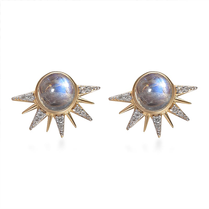 Kuisa Rainbow Moonstone, White Zircon Celestial Sun Statement Earrings in Vermeil YG Over Sterling Silver 3.65 ctw