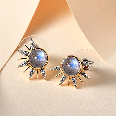 Kuisa Rainbow Moonstone, White Zircon Celestial Sun Statement Earrings in Vermeil YG Over Sterling Silver 3.65 ctw