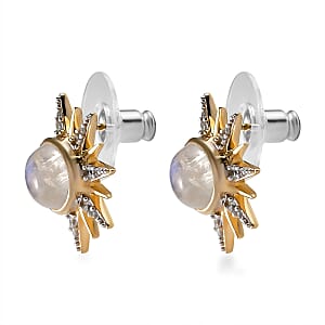 Kuisa Rainbow Moonstone, White Zircon Celestial Sun Statement Earrings in Vermeil YG Over Sterling Silver 3.65 ctw
