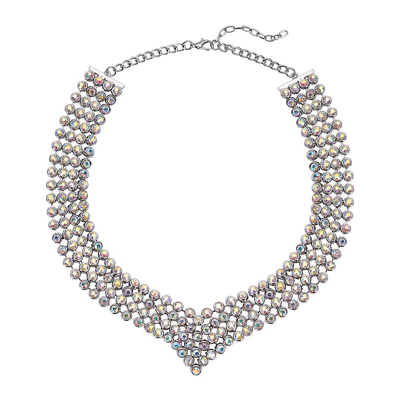Simulated Aurora Borealis Austrian Crystal Multi Layer Necklace (20-22 Inches) in Silvertone