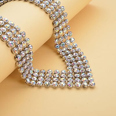 Simulated Aurora Borealis Austrian Crystal Multi Layer Necklace (20-22 Inches) in Silvertone