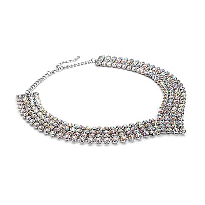 Simulated Aurora Borealis Austrian Crystal Multi Layer Necklace (20-22 Inches) in Silvertone