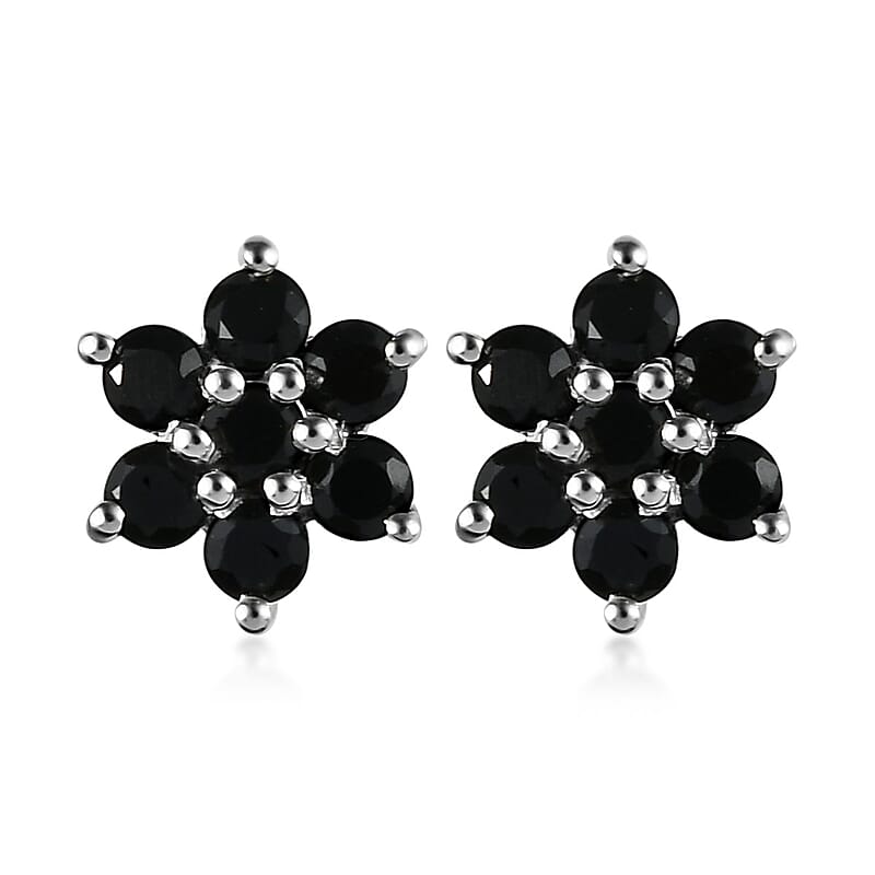 Thai Black Spinel Floral Stud Earrings in Sterling Silver 0.85 ctw
