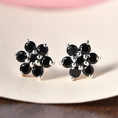 Thai Black Spinel Floral Stud Earrings in Sterling Silver 0.85 ctw