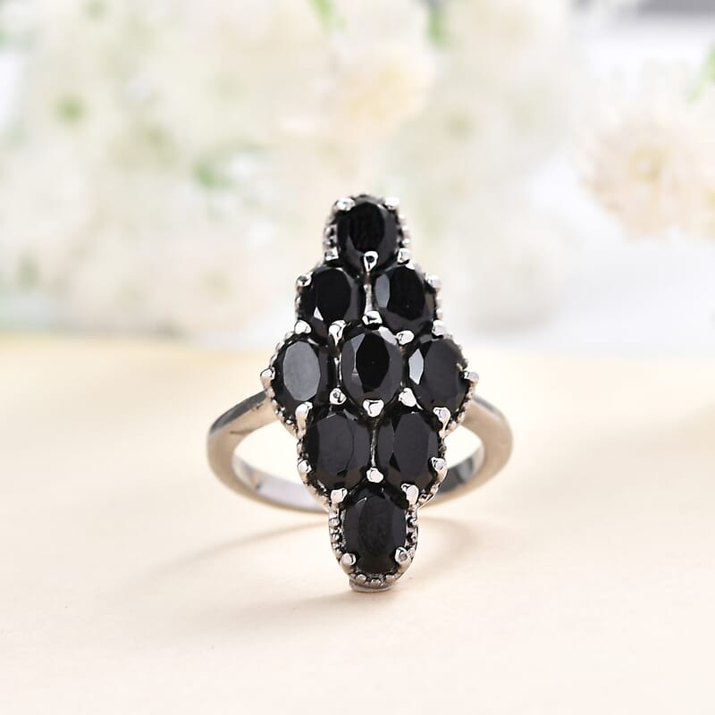 Thai Black Spinel Elongated Ring in Stainless Steel (Size 10.0) 5.60 ctw , Tarnish-Free, Waterproof, Sweat Proof Jewelry