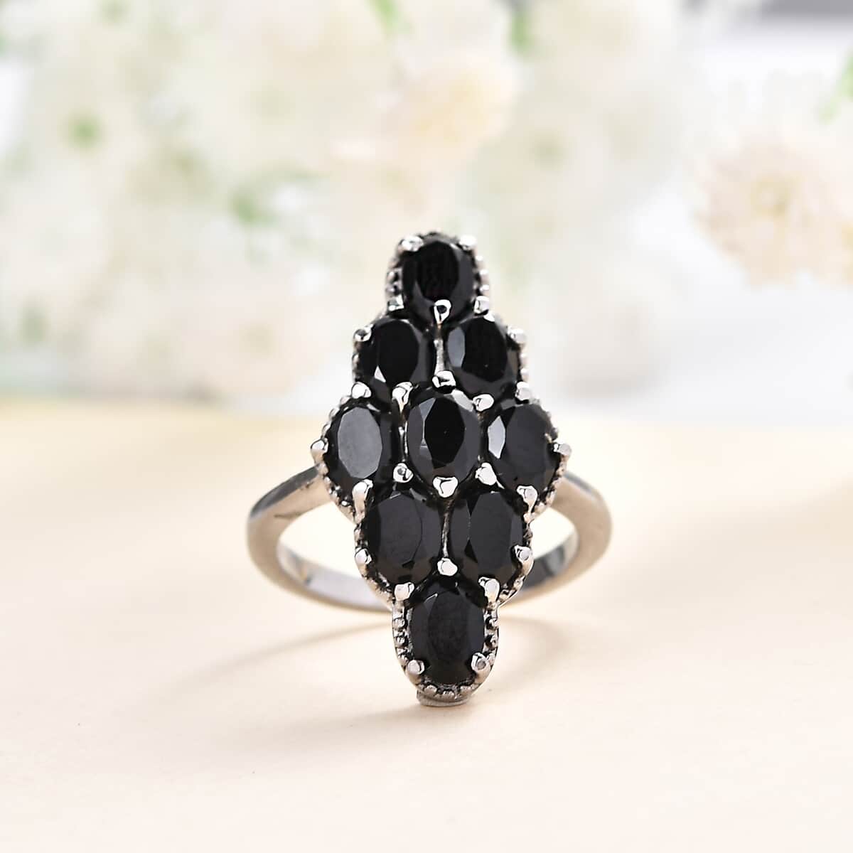Natural Thai Black Spinel Elongated Ring in Stainless Steel (Size 6.0) 5.40 ctw image number 1