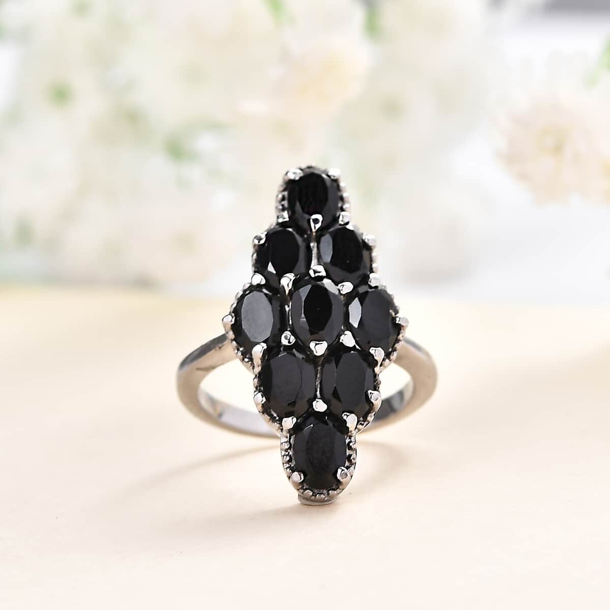 Thai Black Spinel Elongated Ring in Stainless Steel (Size 7.0) 5.60 ctw , Tarnish-Free, Waterproof, Sweat Proof Jewelry image number 1