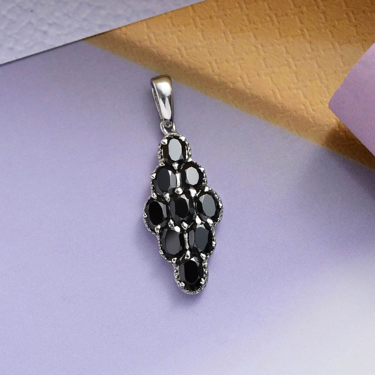 Thai Black Spinel Pendant in Stainless Steel 5.50 ctw , Tarnish-Free, Waterproof, Sweat Proof Jewelry image number 2