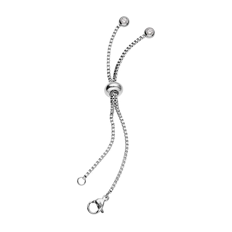 Simulated Diamond Bolo Extender Box Chain with Lobster Lock in Rhodium Over Stainless Steel