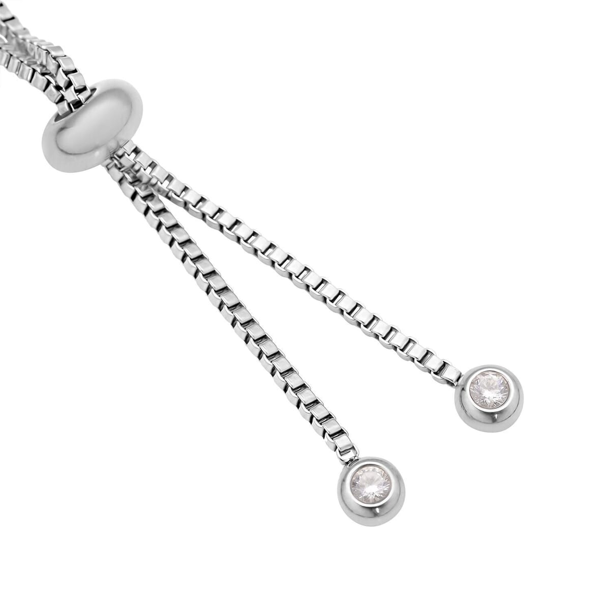 Simulated Diamond Bolo Extender Box Chain with Lobster Lock in Rhodium Over Stainless Steel 0.40 ctw image number 2