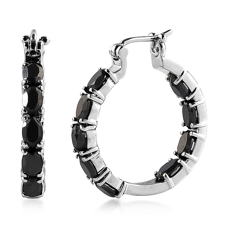Thai Black Spinel Inside Out Hoop Earrings In Stainless Steel| Black Jewelry For Women| Women's Black Earrings