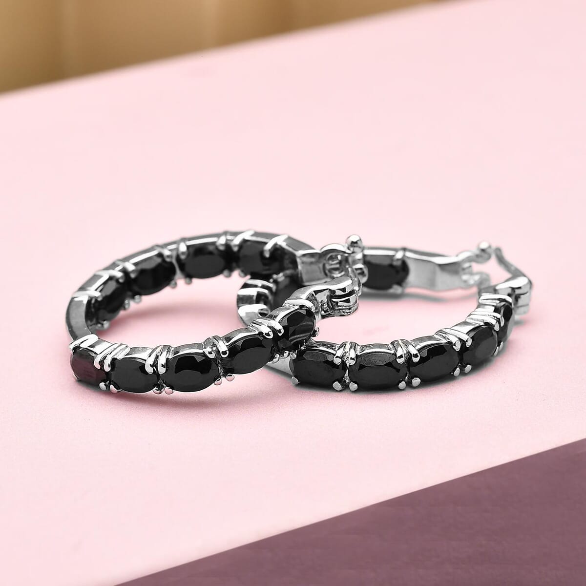 Thai Black Spinel Inside Out Hoop Earrings In Stainless Steel| Black Jewelry For Women| Women's Black Earrings image number 1