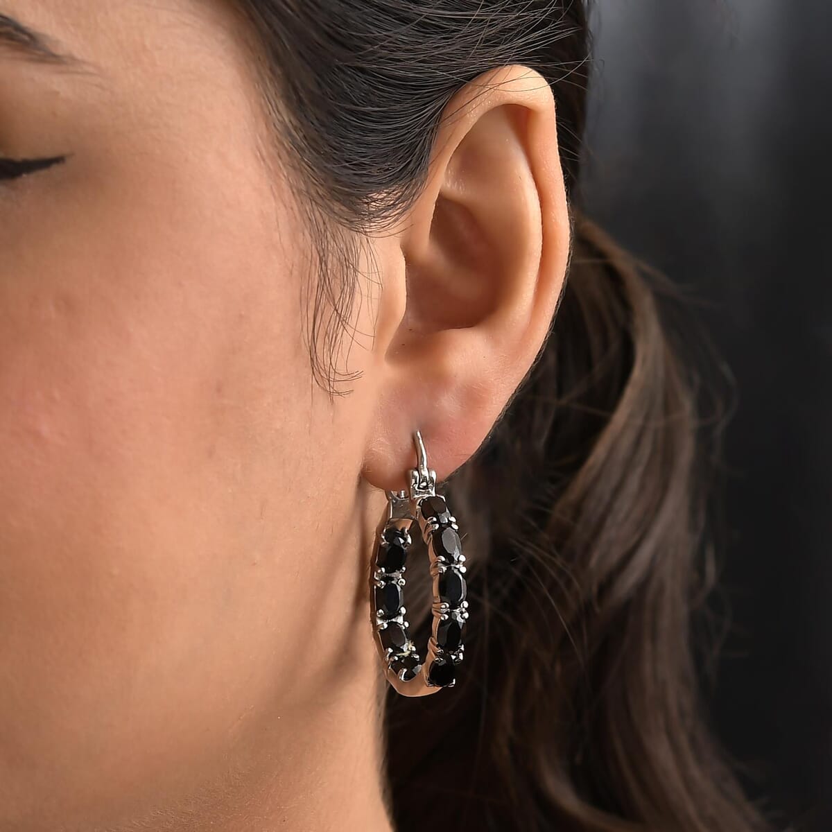 Thai Black Spinel Inside Out Hoop Earrings In Stainless Steel| Black Jewelry For Women| Women's Black Earrings image number 2