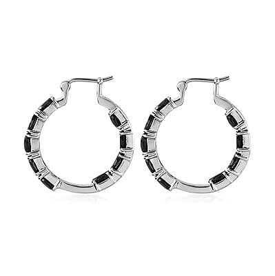 Thai Black Spinel Inside Out Hoop Earrings In Stainless Steel| Black Jewelry For Women| Women's Black Earrings