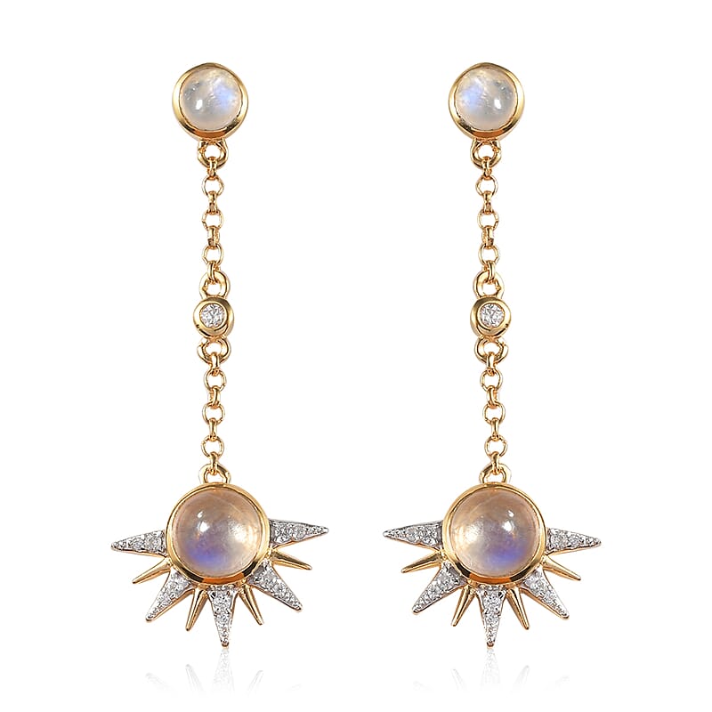 Kuisa Rainbow Moonstone, White Zircon Celestial Sun Drop Statement Earrings in Vermeil YG Over Sterling Silver 4.50 ctw