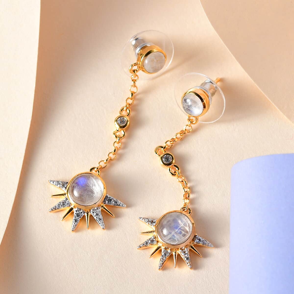 Kuisa Rainbow Moonstone, White Zircon Celestial Sun Drop Statement Earrings in Vermeil YG Over Sterling Silver 4.50 ctw image number 1