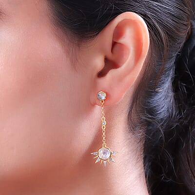 Kuisa Rainbow Moonstone, White Zircon Celestial Sun Drop Statement Earrings in Vermeil YG Over Sterling Silver 4.50 ctw