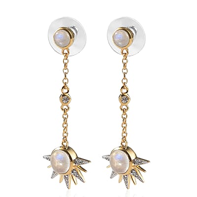 Kuisa Rainbow Moonstone, White Zircon Celestial Sun Drop Statement Earrings in Vermeil YG Over Sterling Silver 4.50 ctw