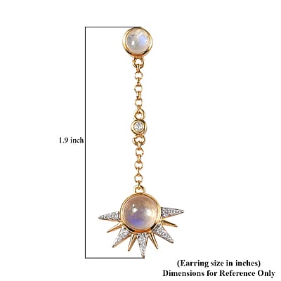 Kuisa Rainbow Moonstone, White Zircon Celestial Sun Drop Statement Earrings in Vermeil YG Over Sterling Silver 4.50 ctw