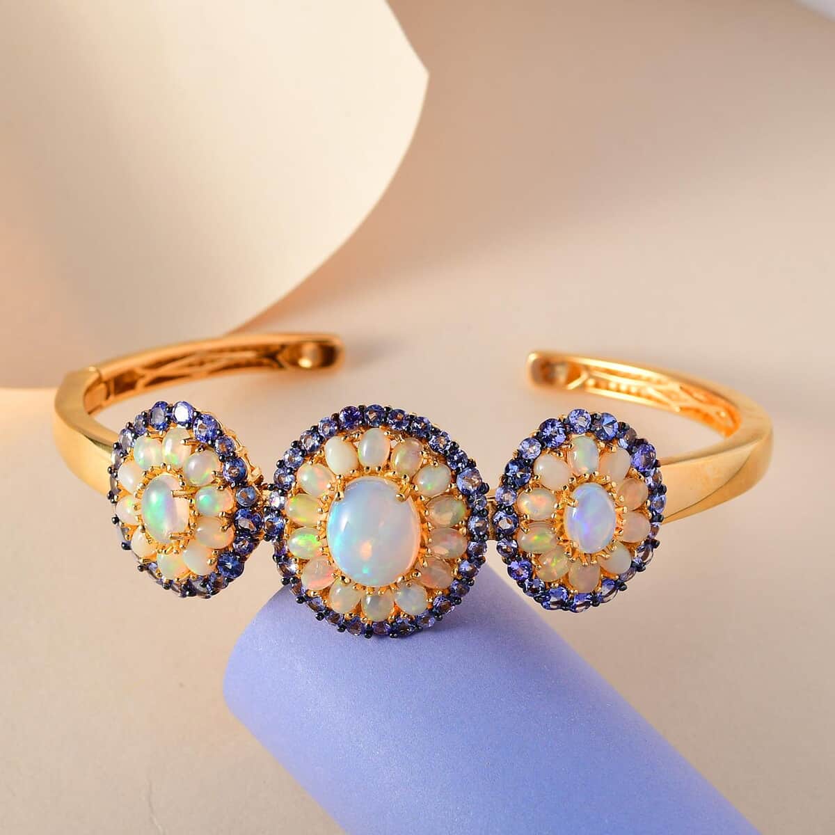 Premium Ethiopian Welo Opal and Tanzanite Cocktail Cuff Bracelet in Vermeil Yellow Gold Over Sterling Silver (7.25 In) 11.15 ctw image number 1