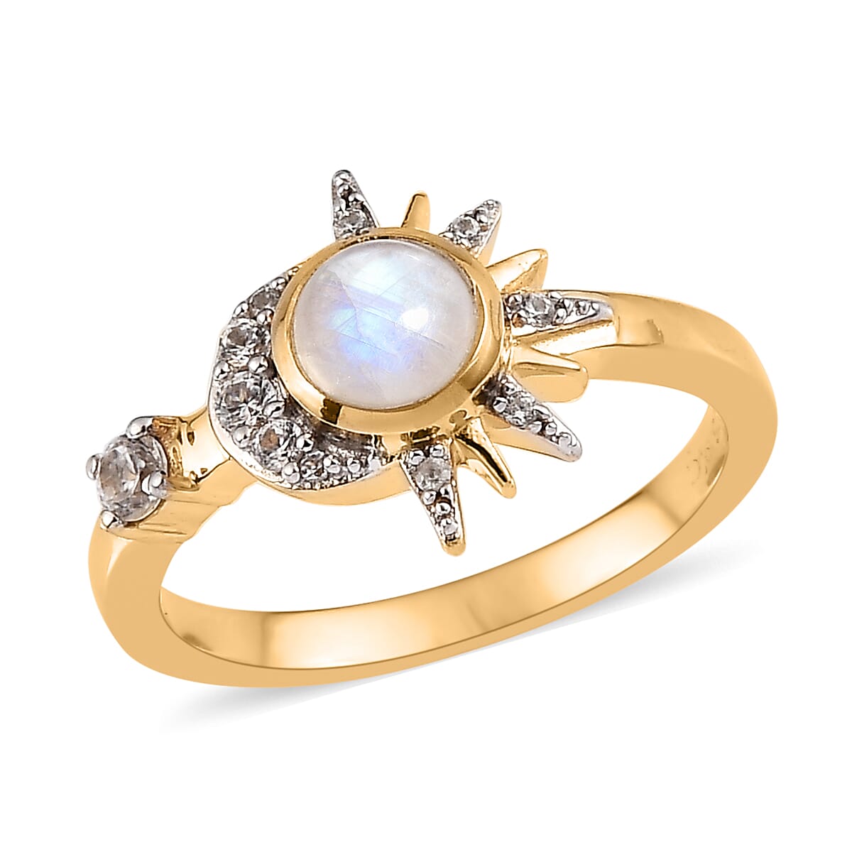 Kuisa Rainbow Moonstone, White Zircon Moon and Sun Kiss Ring in Vermeil YG Sterling Silver (Size 6.0) 0.75 ctw image number 0