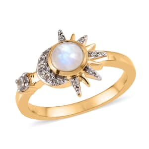 Kuisa Rainbow Moonstone, White Zircon Moon and Sun Kiss Ring in Vermeil YG Sterling Silver (Size 6.0) 0.75 ctw