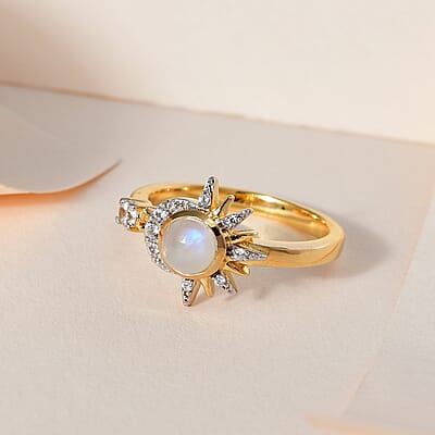 Kuisa Rainbow Moonstone, White Zircon Moon and Sun Kiss Ring in Vermeil YG Sterling Silver (Size 6.0) 0.75 ctw