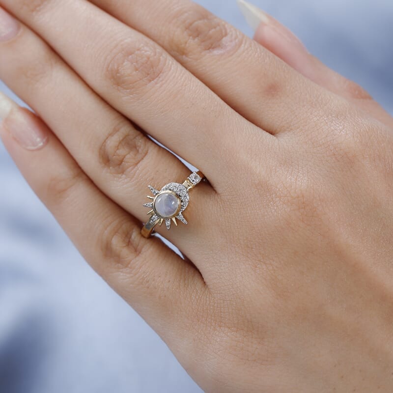Kuisa Rainbow Moonstone, White Zircon Moon and Sun Kiss Ring in Vermeil YG Sterling Silver (Size 6.0) 0.75 ctw