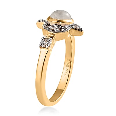 Kuisa Rainbow Moonstone, White Zircon Moon and Sun Kiss Ring in Vermeil YG Sterling Silver (Size 6.0) 0.75 ctw