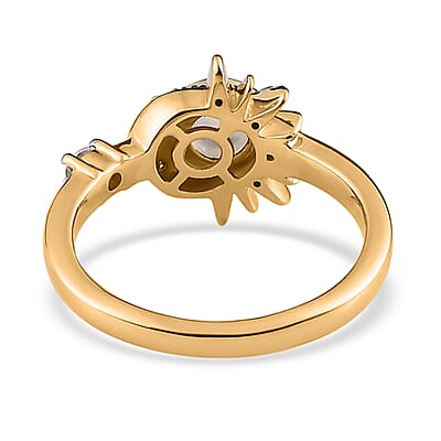 Kuisa Rainbow Moonstone, White Zircon Moon and Sun Kiss Ring in Vermeil YG Sterling Silver (Size 6.0) 0.75 ctw