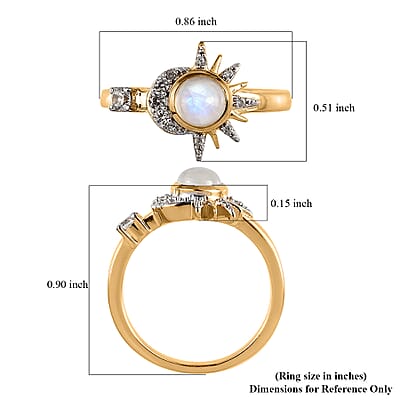 Kuisa Rainbow Moonstone, White Zircon Moon and Sun Kiss Ring in Vermeil YG Sterling Silver (Size 6.0) 0.75 ctw