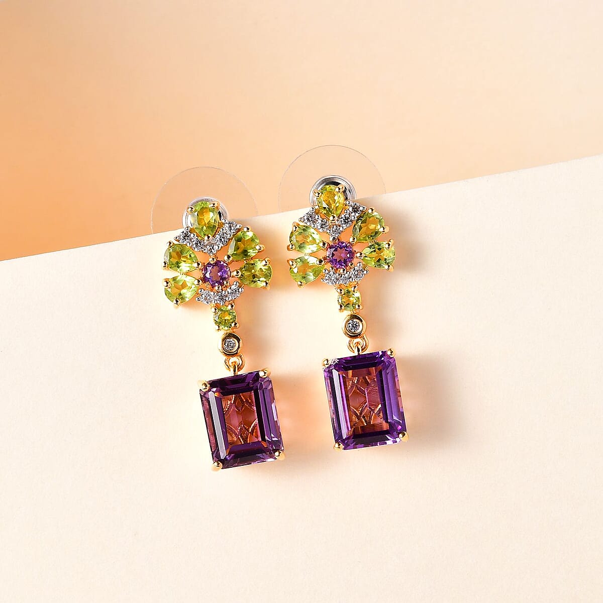 Bolivian Amethyst and Multi Gemstone Dangling Floral Earrings in Vermeil Yellow Gold Over Sterling Silver 9.10 ctw image number 1