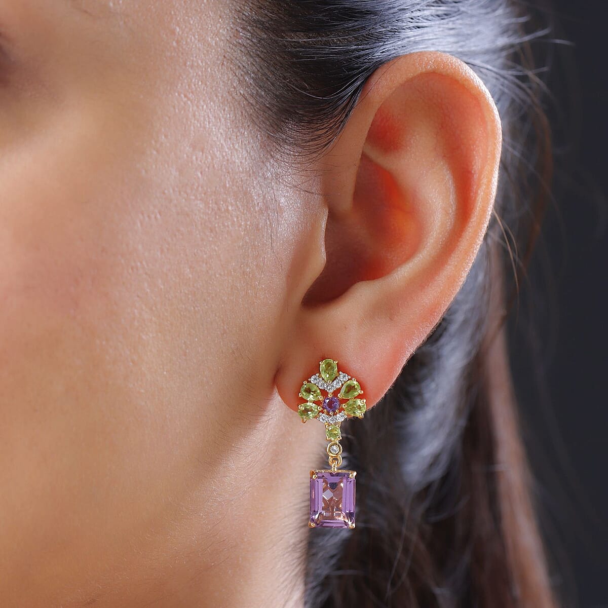 Bolivian Amethyst and Multi Gemstone Dangling Floral Earrings in Vermeil Yellow Gold Over Sterling Silver 9.10 ctw image number 2