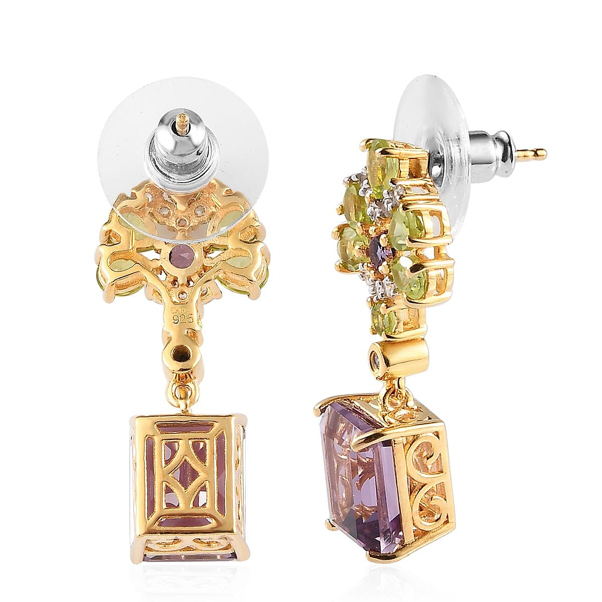 Bolivian Amethyst and Multi Gemstone Dangling Floral Earrings in Vermeil Yellow Gold Over Sterling Silver 9.10 ctw image number 3
