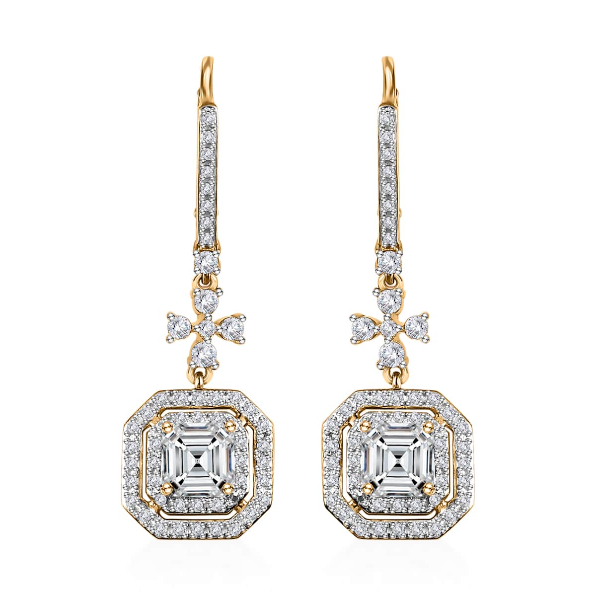 Asscher Cut Moissanite Dangling Earrings in Vermeil Yellow Gold Over Sterling Silver 3.40 ctw image number 0