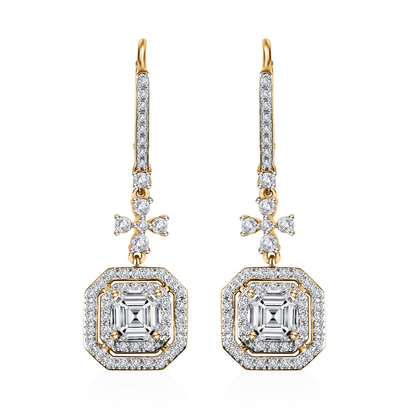 Asscher Cut Moissanite Dangling Earrings in Vermeil Yellow Gold Over Sterling Silver 3.40 ctw