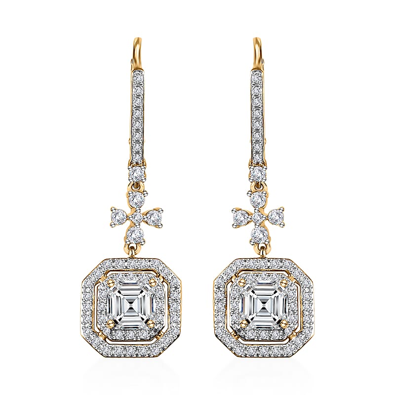 Asscher Cut Moissanite Dangling Earrings in Vermeil Yellow Gold Over Sterling Silver 3.40 ctw