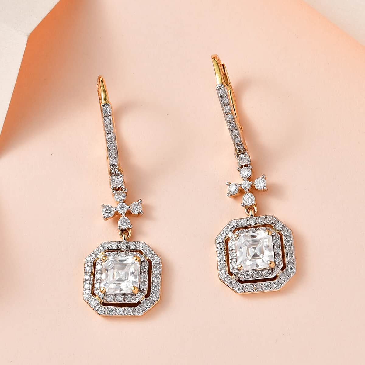 Asscher Cut Moissanite Dangling Earrings in Vermeil Yellow Gold Over Sterling Silver 3.40 ctw image number 1